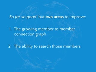 So far so good, but two areas to improve:
1. The growing member to member
connection graph
2. The ability to search those ...