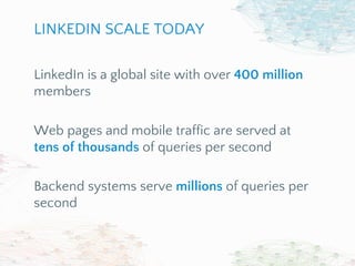 LinkedIn is a global site with over 400 million
members
Web pages and mobile traffic are served at
tens of thousands of qu...