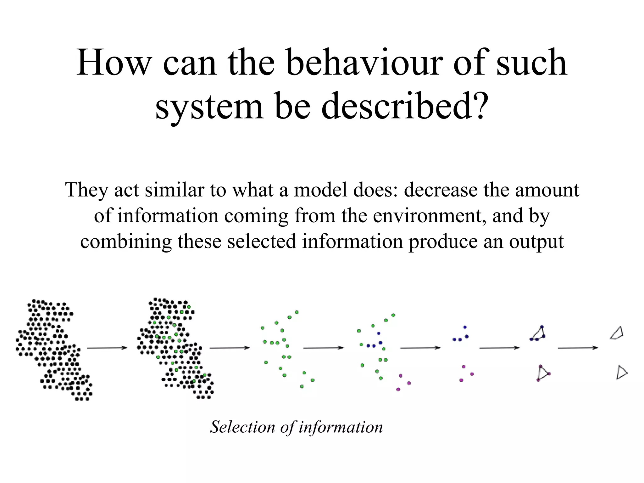 How can the behaviour of such system be described? They act similar to what a model does: decrease the amount of information coming from the environment, and by combining these selected information produce an output Selection of information 