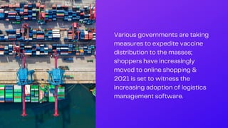 Various governments are taking
measures to expedite vaccine
distribution to the masses;
shoppers have increasingly
moved to online shopping &
2021 is set to witness the
increasing adoption of logistics
management software.
 