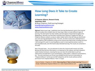 How Long Does it Take to Create Learning? A Chapman Alliance, Research Study September 2010 By Bryan Chapman, Chief Learning Strategist bryan@chapmanalliance.com www.chapmanalliance.com Abstract:Several years ago, I published some learning development metrics from several different studies that included ratios for how long it takes to create different types of learning. The information has been widely used and appears frequently throughout the Blogosphere. Recently, we have been receiving many requests to update this data, so Chapman Alliance created a survey to collect usable metrics that will help you benchmark your own learning development times. This time, all of the results were collected from a single audience (249 completed surveys) across several learning formats including instructor –led training (ILT), Level 1 e-Learning (Basic), Level 2 e-learning (Interactive), Level 3 e-learning (Advanced), and information about blended learning. The results are contained in this deck. Now, the good news… You are welcome to share this research with anyone you’d like. Because we feel that this information is so important to the industry, we have released it under Creative Commons, meaning that you can share the whole deck or pull-out slides/charts and add them to your presentations, white papers, conference presentations, etc.  The only restrictions are (1) you must ALWAYS list the source of information as “Chapman Alliance” and (2) you are NOT allowed to sell the results without written permission from Chapman Alliance. That’s it. Enjoy! Source Citation:  Chapman, B. (2010). How Long Does it Take to Create Learning? [Research Study]. Published by Chapman Alliance LLC. www.chapmanalliance.com 