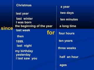 since Christmas last year I was born last week then 1999. last  night yesterday I last saw  you my birthday last  winter the beginning of the year for a year two days ten minutes a long time four hours ten years three weeks half  an hour ages 