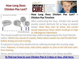 How Long Does
   Chicken Pox Last?
                               How Long Does Chicken Pox Last? –
                               Chicken Pox Timeline
                                 After contracting the virus, Chicken Pox would
                                 usually remain dormant for as long as several
                                 weeks. Once they start to move, the carrier
                                 would experience fever which could go as high
                                 as 108 degrees Fahrenheit.
This would usually last for three days before progressing to the more familiar
rashes. Within the course of a week, these rashes would rise and fill with fluid
before drying out and crusting.
If a person is lucky, they would only be suffering through the crusting stage
once. However, in most cases, new rashes appear as soon as the old ones start
their healing.
Hence, pinpointing how long does Chicken Pox last is not always possible.
    To find out how to cure Chicken Pox in 3 days or less, click here.
 