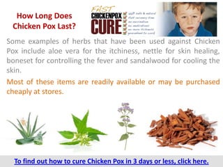 How Long Does
 Chicken Pox Last?
Some examples of herbs that have been used against Chicken
Pox include aloe vera for the itchiness, nettle for skin healing,
boneset for controlling the fever and sandalwood for cooling the
skin.
Most of these items are readily available or may be purchased
cheaply at stores.




  To find out how to cure Chicken Pox in 3 days or less, click here.
 
