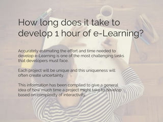 Accurately estimating the effort and time needed to
develop e-Learning is one of the most challenging tasks
that developers must face.
Each project will be unique and this uniqueness will
often create uncertainty.
This information has been compiled to give a general
idea of how much time a project might take to develop
based on complexity of interactivity.
How long does it take to
develop 1 hour of e-Learning?
 