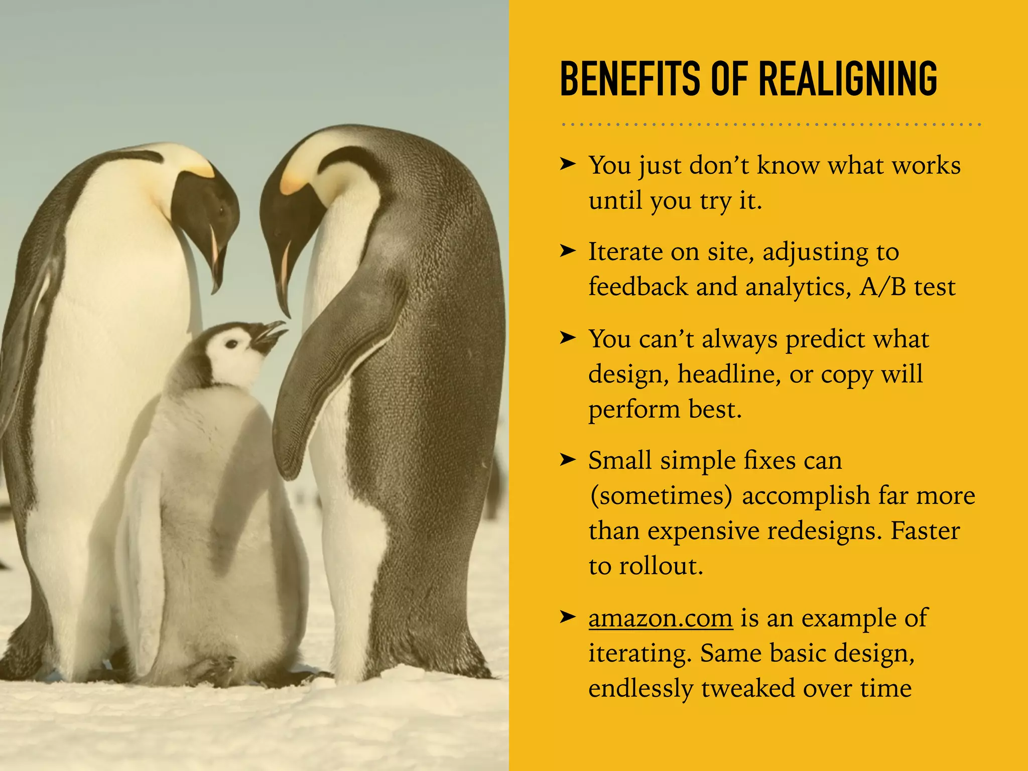 BENEFITS OF REALIGNING
➤ You just don’t know what works
until you try it.
➤ Iterate on site, adjusting to
feedback and analytics, A/B test
➤ You can’t always predict what
design, headline, or copy will
perform best.
➤ Small simple ﬁxes can
(sometimes) accomplish far more
than expensive redesigns. Faster
to rollout.
➤ amazon.com is an example of
iterating. Same basic design,
endlessly tweaked over time
 