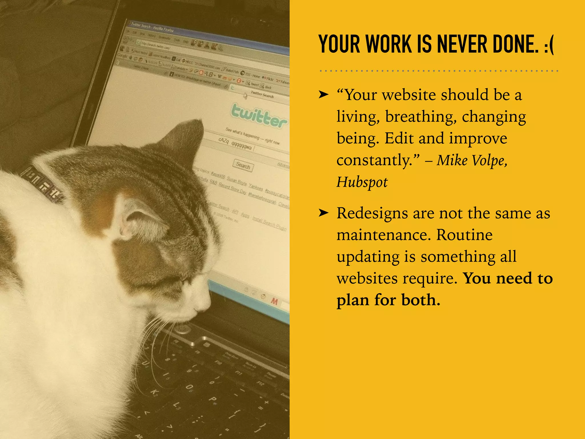 YOUR WORK IS NEVER DONE. :(
➤ “Your website should be a
living, breathing, changing
being. Edit and improve
constantly.” – Mike Volpe,
Hubspot
➤ Redesigns are not the same as
maintenance. Routine
updating is something all
websites require. You need to
plan for both.
 
