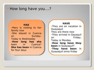 How long have you….? HAS Mary is visiting to her family now She stayed in Cuenca on Sunday. Today is Wednesday How long has she  been in Cuenca? She has been  in Cuenca for four days HAVE They are on vacation in Guayaquil They are there now They arrived in Gayaquil on Friday. Today is Monday How long have they been  in Guayaquil? They  have been  in Guayaquil since friday 
