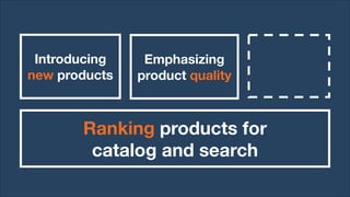 Ranking products for
catalog and search
Introducing
new products
Emphasizing
product quality
 