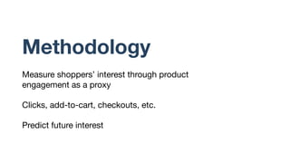 Methodology
Measure shoppers’ interest through product
engagement as a proxy
Clicks, add-to-cart, checkouts, etc.
Predict ...
