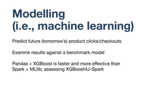 Modelling
(i.e., machine learning)
Predict future (tomorrow’s) product clicks/checkouts
Examine results against a benchmar...