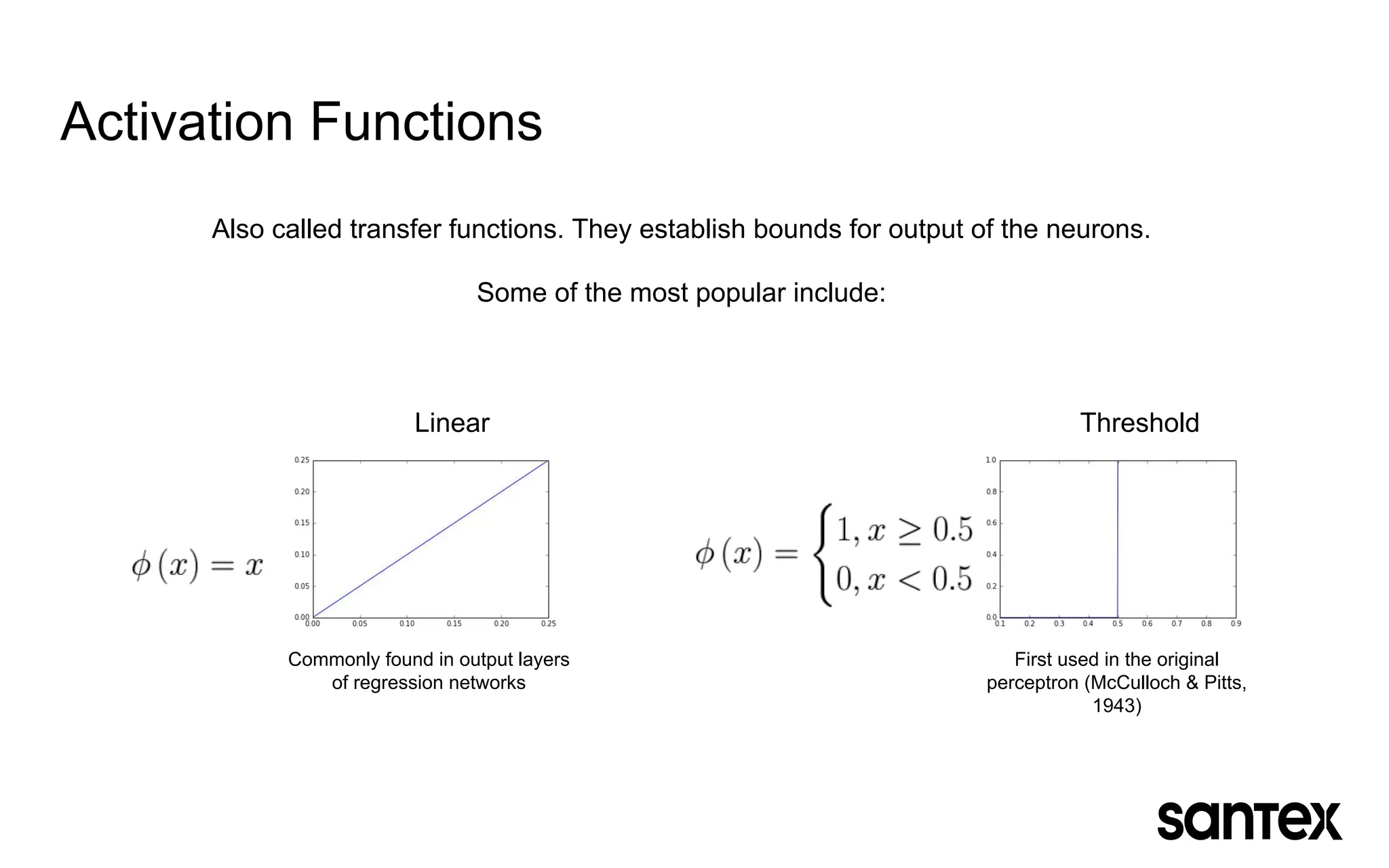 Activation Functions
Linear Threshold
Also called transfer functions. They establish bounds for output of the neurons.
Some of the most popular include:
First used in the original
perceptron (McCulloch & Pitts,
1943)
Commonly found in output layers
of regression networks
 