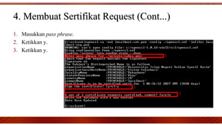 4. Membuat Sertifikat Request (Cont...)4. Membuat Sertifikat Request (Cont...)
1. Masukkan pass phrase.
2. Ketikkan y.
3. Ketikkan y.
 