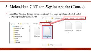  Pindahkan file Key dengan nama localhost-key.pem ke folder ssl.crt di Lokal
C:Xamppapacheconfssl.cert
5. Meletakkan CRT dan5. Meletakkan CRT dan KeyKey ke Apache (Cont...)ke Apache (Cont...)
 