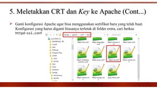 5. Meletakkan CRT dan5. Meletakkan CRT dan KeyKey ke Apache (Cont...)ke Apache (Cont...)
 Ganti konfigurasi Apache agar bisa menggunakan sertifikat baru yang telah buat.
Konfigurasi yang harus diganti biasanya terletak di folder extra, cari berkas
httpd-ssl.conf
 