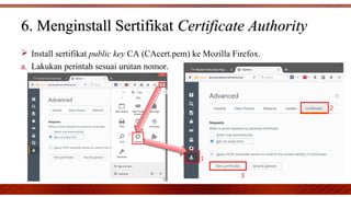  Install sertifikat public key CA (CAcert.pem) ke Mozilla Firefox.
a. Lakukan perintah sesuai urutan nomor.
6. Menginstall Sertifikat6. Menginstall Sertifikat Certificate AuthorityCertificate Authority
 