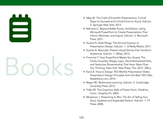 • Alley M. The Craft of Scientific Presentations: Critical 
105 
Steps to Succeed and Critical Errors to Avoid. Edición: 
2. Springer New York; 2013. 
• Atkinson C. Beyond Bullet Points, 3rd Edition: Using 
Microsoft PowerPoint to Create Presentations That 
Inform, Motivate, and Inspire. Edición: 3. Microsoft 
Press; 2011. 
• Duarte N. Slide:Ology: The Art and Science of 
Presentation Design. Edición: 1. O’Reilly Media; 2011. 
• Duarte N. Resonate: Present Visual Stories that Transform 
Audiences. Edición: 1. Wiley; 2013. 
• Frommer F. How PowerPoint Makes You Stupid: The 
Faulty Causality, Sloppy Logic, Decontextualized Data, 
and Seductive Showmanship That Have Taken Over 
Our Thinking. New York: New Press, The; 2012. 288 p. 
• Karia A. How to Design TED Worthy Presentation Slides: 
Presentation Design Principles from the Best TED Talks. 
AkashKaria.com; 2014. 
• Mayer RE. Multimedia Learning. Edición: 2. Cambridge 
University Press; 2012. 
• Tufte ER. The Cognitive Style of Power Point. Cheshire, 
Conn.: Graphics Pr; 2003. 
• Weissman J. Presenting to Win: The Art of Telling Your 
Story, Updated and Expanded Edition. Edición: 1. FT 
Press; 2008. 
Books 
 