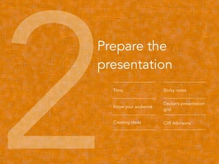 2Prepare the 
presentation 
Time 
Know your audience 
Creating ideas 
Sticky notes 
Decker’s presentation 
grid 
Cliff Atkinsons’ 
 