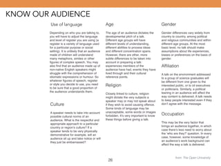 KNOW OUR AUDIENCE 
26 
from: The Open University 
Use of language 
Depending on who you are talking to, 
you will have to adjust the language 
and level of register you are using (a 
register is a variety of language used 
for a particular purpose or social 
setting). It is unlikely that an audience 
made of children will understand 
many metaphors, similes or other 
figures of complex speech. You may 
also find that an audience made up of 
non-native English speakers might 
struggle with the comprehension of 
idiomatic expressions or humour. So 
whatever figures of speech, register 
or style you decide to use, you need 
to be sure that a good proportion of 
the audience understands them. 
Age 
The age of an audience dictates the 
developmental pitch of a talk. 
Different age groups will have 
different levels of understanding, 
different abilities to process ideas 
and different concentration spans. 
However, there are other, more 
subtle differences to be taken into 
account in preparing a talk: 
experiences members of the 
audience have had, events they have 
lived through and their cultural 
reference points. 
Gender 
Gender differences vary widely from 
country to country, among political 
and religious communities and within 
different age groups. At the most 
basic level, no talk should make 
assumptions about life experiences, 
biases or preferences on the basis of 
gender. 
Culture 
A speaker needs to take into account 
possible cultural norms of an 
audience. What is the respectful and 
appropriate approach to a particular 
country or region’s culture? If a 
speaker tends to be very physically 
demonstrative for example, will an 
audience sit up and take notice or will 
they just be embarrassed? 
Religion 
Closely linked to culture, religion 
might dictate the very subjects a 
speaker may or may not speak about 
if they wish to avoid causing offence. 
Some kinds of language may be 
unacceptable, some words or images 
forbidden. It’s very important to know 
these things before giving a talk. 
Affiliation 
A talk on the environment addressed 
to a group of science graduates will 
be different from one given to the 
interested public, or to oil executives 
or politicians. Similarly, a political 
leaning in an audience will affect the 
way content is delivered. A talk needs 
to keep people interested even if they 
don’t agree with the message. 
Occupation 
This may be the very factor that 
brings an audience together, in which 
case there’s less need to worry about 
the ‘who are they?’ question. In every 
case, however, some knowledge of 
an audience’s work background can 
affect the way a talk is delivered. 
 