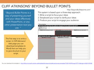 CLIFF ATKINSONS’ BEYOND BULLET POINTS 
http://beyondbulletpoints.com/ 
“Beyond Bullet Points is a 
way of presenting yourself 
and your ideas effectively 
with PowerPoint, or any 
other presentation tool you 
use. “ 
This system is based upon a three-step approach: 
1.Write a script to focus your ideas 
2. Storyboard your script to clarify your ideas 
3. Produce your script to engage your audience 
The first step is to write a 
script. In Cliff Atkinsons’ 
web page you can 
download templates (in 
Word) that can help you 
to give structure to your 
script. 
You can download this template in: http://office.microsoft.com/en-us/templates/the-beyond-bullet-points-story-template-TC001192765.aspx?CTT=5&origin=HA001187285 
32 
 