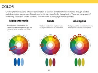Creating harmonious and effective combination of colors is a matter of instinct (honed through practice 
and observation), awareness of trends, and understanding of color theory basics. There are many ways of 
combining colors that can be used as a foundation for building eye-friendly palettes. 
Triads 
46 
Monochromatic 
Monochromatic color schemes are 
created from a single-based hue, and any 
number of lighter or darker tints of that 
hue. 
Triads are created from any three hues 
equally spaced around the color wheel. 
Analogous 
Analogous palettes are created when any 
three adjacent hues are used together. 
COLOR 
 