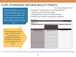 CLIFF ATKINSONS’ BEYOND BULLET POINTS 
http://beyondbulletpoints.com/ 
“Beyond Bullet Points is a 
way of presenting yours...