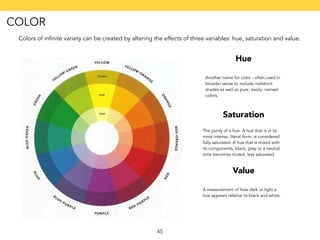 Colors of infinite variety can be created by altering the effects of three variables: hue, saturation and value. 
45 
Hue ...