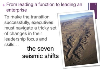 + From leading a function to leading an   3


  enterprise
 To make the transition
 successfully, executives
 must navigate a tricky set
 of changes in their
 leadership focus and
 skills…
           the seven
         seismic shifts
 