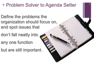 + Problem Solver to Agenda Setter   9




Define the problems the
organization should focus on,
and spot issues that
don’t fall neatly into
any one function
but are still important.
 
