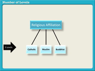 Catholic Muslim Buddhist 
3 Levels 
Religious Affiliation 
 
