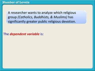 A researcher wants to analyze which religious 
group (Catholics, Buddhists, & Muslims) has 
significantly greater public religious devotion. 
The dependent variable is: 
 