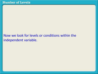 Now we look for levels or conditions within the 
independent variable. 
 