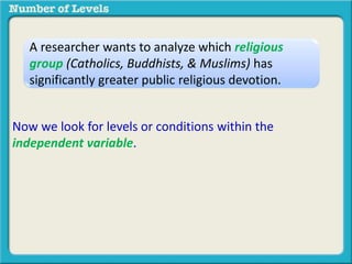 A researcher wants to analyze which religious 
group (Catholics, Buddhists, & Muslims) has 
significantly greater public religious devotion. 
Now we look for levels or conditions within the 
independent variable. 
 