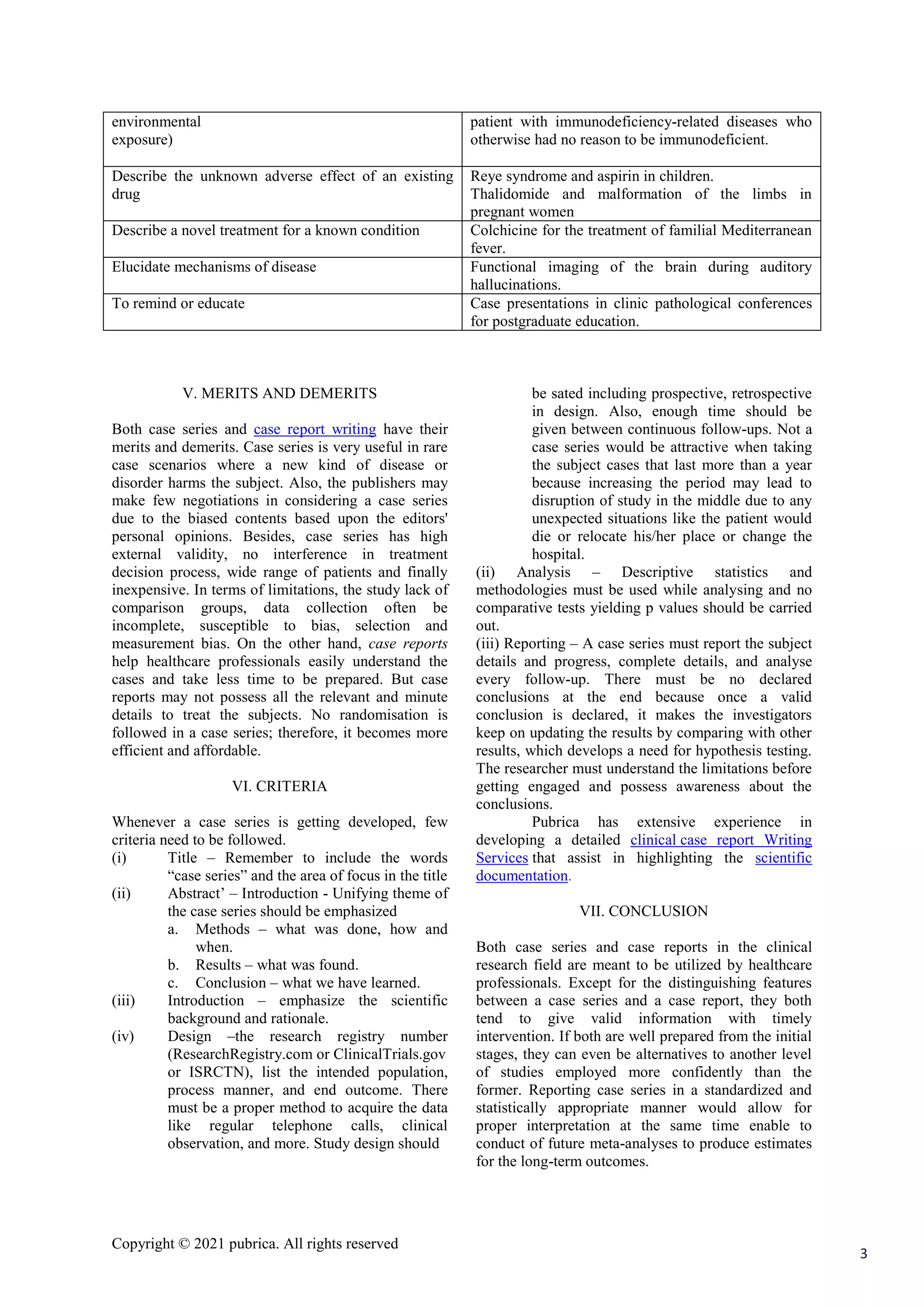 Copyright © 2021 pubrica. All rights reserved
3
environmental
exposure)
patient with immunodeficiency-related diseases who
otherwise had no reason to be immunodeficient.
Describe the unknown adverse effect of an existing
drug
Reye syndrome and aspirin in children.
Thalidomide and malformation of the limbs in
pregnant women
Describe a novel treatment for a known condition Colchicine for the treatment of familial Mediterranean
fever.
Elucidate mechanisms of disease Functional imaging of the brain during auditory
hallucinations.
To remind or educate Case presentations in clinic pathological conferences
for postgraduate education.
V. MERITS AND DEMERITS
Both case series and case report writing have their
merits and demerits. Case series is very useful in rare
case scenarios where a new kind of disease or
disorder harms the subject. Also, the publishers may
make few negotiations in considering a case series
due to the biased contents based upon the editors'
personal opinions. Besides, case series has high
external validity, no interference in treatment
decision process, wide range of patients and finally
inexpensive. In terms of limitations, the study lack of
comparison groups, data collection often be
incomplete, susceptible to bias, selection and
measurement bias. On the other hand, case reports
help healthcare professionals easily understand the
cases and take less time to be prepared. But case
reports may not possess all the relevant and minute
details to treat the subjects. No randomisation is
followed in a case series; therefore, it becomes more
efficient and affordable.
VI. CRITERIA
Whenever a case series is getting developed, few
criteria need to be followed.
(i) Title – Remember to include the words
―case series‖ and the area of focus in the title
(ii) Abstract’ – Introduction - Unifying theme of
the case series should be emphasized
a. Methods – what was done, how and
when.
b. Results – what was found.
c. Conclusion – what we have learned.
(iii) Introduction – emphasize the scientific
background and rationale.
(iv) Design –the research registry number
(ResearchRegistry.com or ClinicalTrials.gov
or ISRCTN), list the intended population,
process manner, and end outcome. There
must be a proper method to acquire the data
like regular telephone calls, clinical
observation, and more. Study design should
be sated including prospective, retrospective
in design. Also, enough time should be
given between continuous follow-ups. Not a
case series would be attractive when taking
the subject cases that last more than a year
because increasing the period may lead to
disruption of study in the middle due to any
unexpected situations like the patient would
die or relocate his/her place or change the
hospital.
(ii) Analysis – Descriptive statistics and
methodologies must be used while analysing and no
comparative tests yielding p values should be carried
out.
(iii) Reporting – A case series must report the subject
details and progress, complete details, and analyse
every follow-up. There must be no declared
conclusions at the end because once a valid
conclusion is declared, it makes the investigators
keep on updating the results by comparing with other
results, which develops a need for hypothesis testing.
The researcher must understand the limitations before
getting engaged and possess awareness about the
conclusions.
Pubrica has extensive experience in
developing a detailed clinical case report Writing
Services that assist in highlighting the scientific
documentation.
VII. CONCLUSION
Both case series and case reports in the clinical
research field are meant to be utilized by healthcare
professionals. Except for the distinguishing features
between a case series and a case report, they both
tend to give valid information with timely
intervention. If both are well prepared from the initial
stages, they can even be alternatives to another level
of studies employed more confidently than the
former. Reporting case series in a standardized and
statistically appropriate manner would allow for
proper interpretation at the same time enable to
conduct of future meta-analyses to produce estimates
for the long-term outcomes.
 