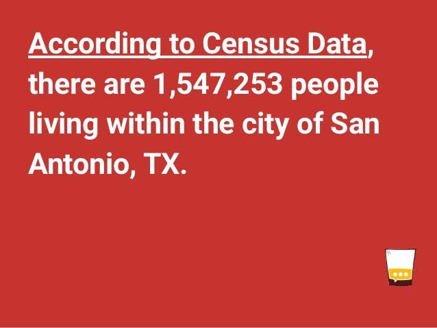 According to Census Data,
there are 1,547,253 people
living within the city of San
Antonio, TX.
 