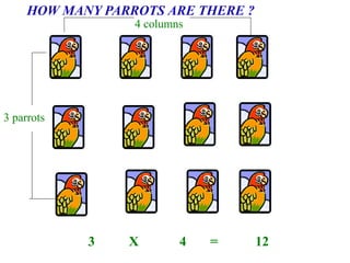 HOW MANY PARROTS ARE THERE ?
3 X 4 = 12
4 columns
3 parrots
 