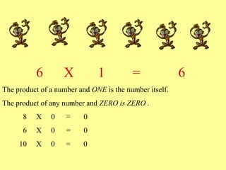 6 X 1 = 6
The product of a number and ONE is the number itself.
The product of any number and ZERO is ZERO .
8 X 0 = 0
6 X 0 = 0
10 X 0 = 0
 