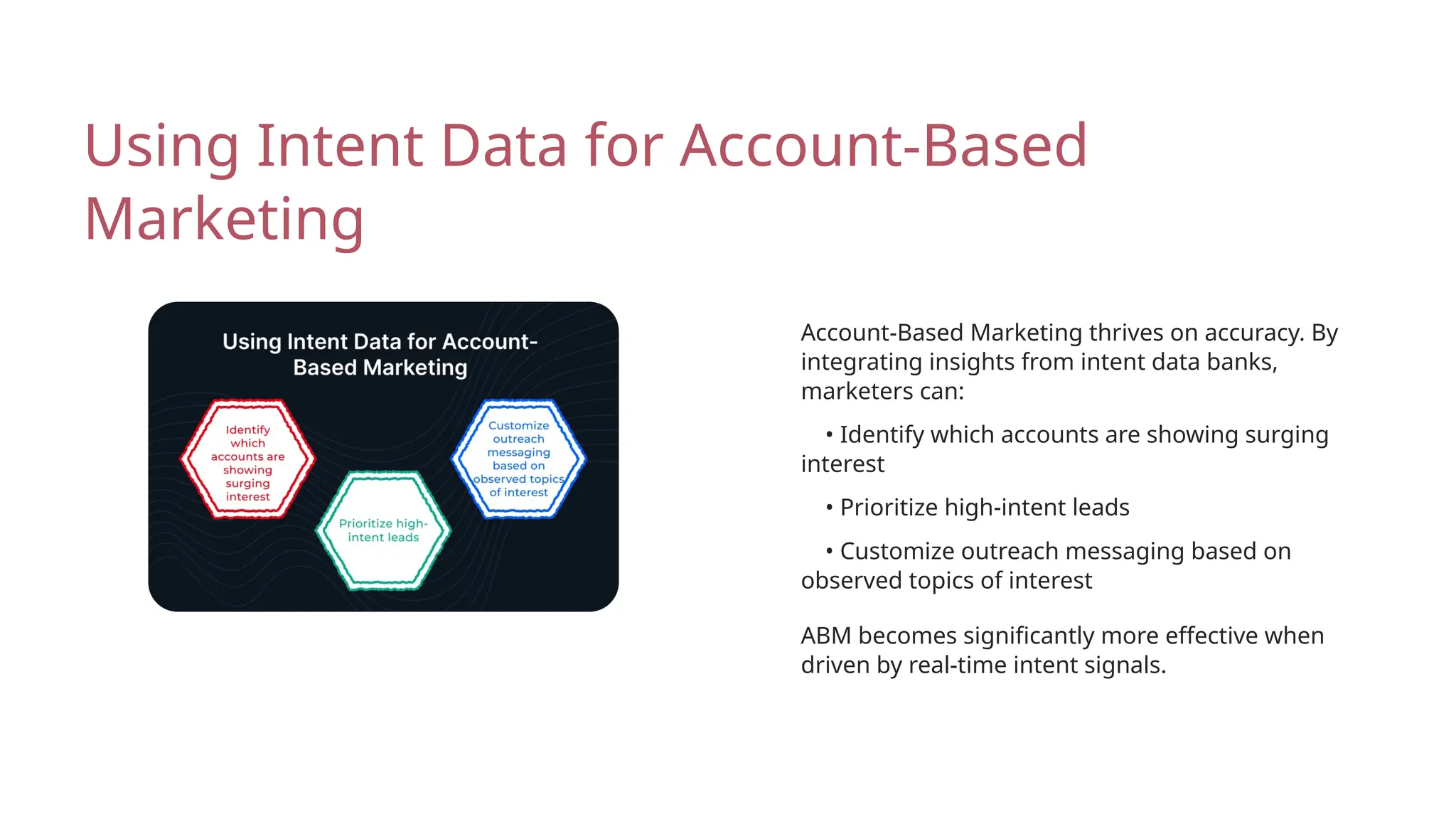 Using Intent Data for Account-Based
Marketing
Account-Based Marketing thrives on accuracy. By
integrating insights from intent data banks,
marketers can:
ABM becomes significantly more effective when
driven by real-time intent signals.
• Customize outreach messaging based on
observed topics of interest
• Identify which accounts are showing surging
interest
• Prioritize high-intent leads
 