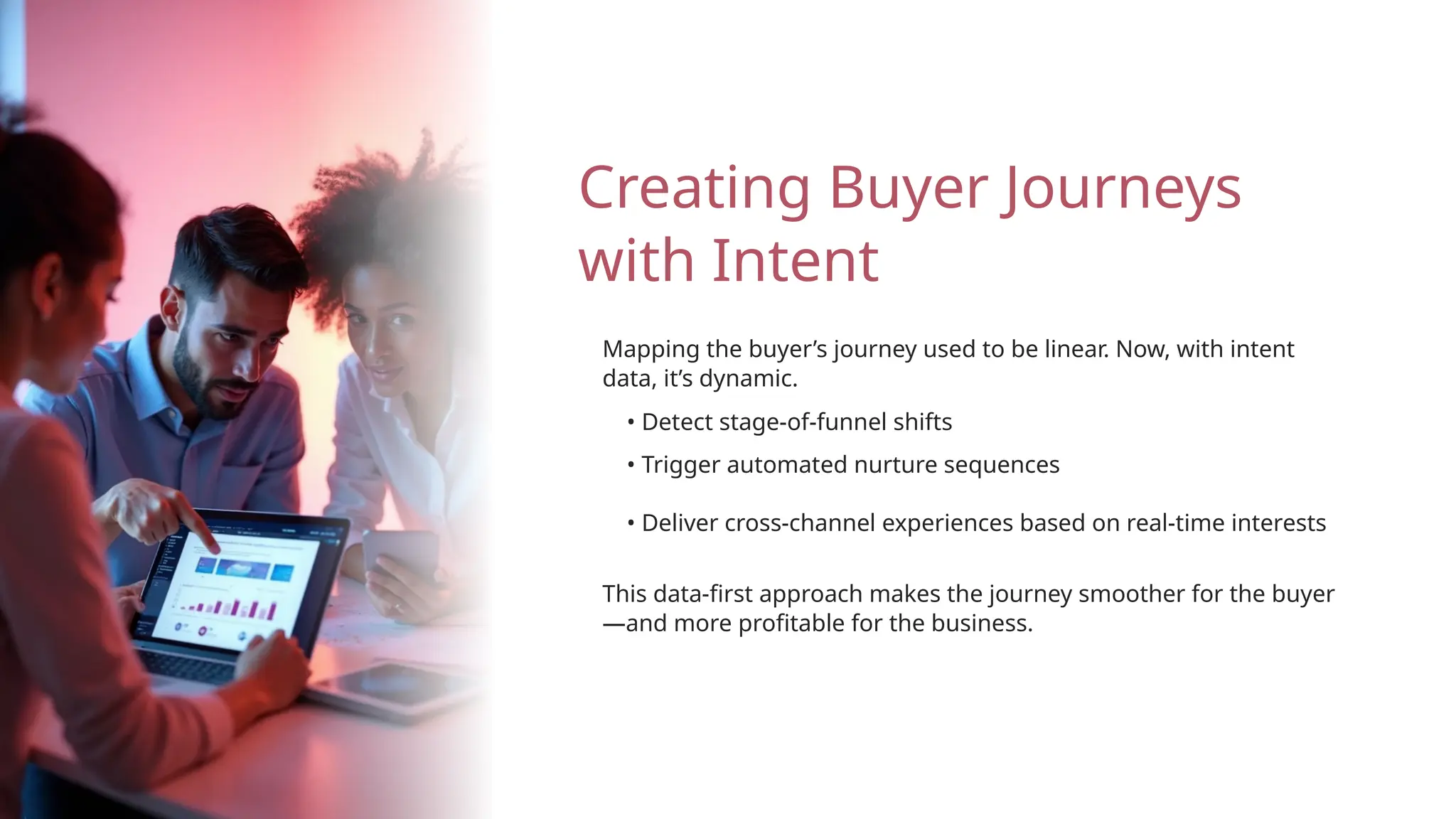 This data-first approach makes the journey smoother for the buyer
—and more profitable for the business.
• Detect stage-of-funnel shifts
• Trigger automated nurture sequences
Mapping the buyer’s journey used to be linear. Now, with intent
data, it’s dynamic.
• Deliver cross-channel experiences based on real-time interests
Creating Buyer Journeys
with Intent
 