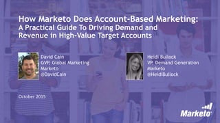 How Marketo Does Account-Based Marketing:
A Practical Guide To Driving Demand and
Revenue in High-Value Target Accounts
October 2015
Heidi Bullock
VP, Demand Generation
Marketo
@HeidiBullock
David Cain
GVP, Global Marketing
Marketo
@DavidCain
 