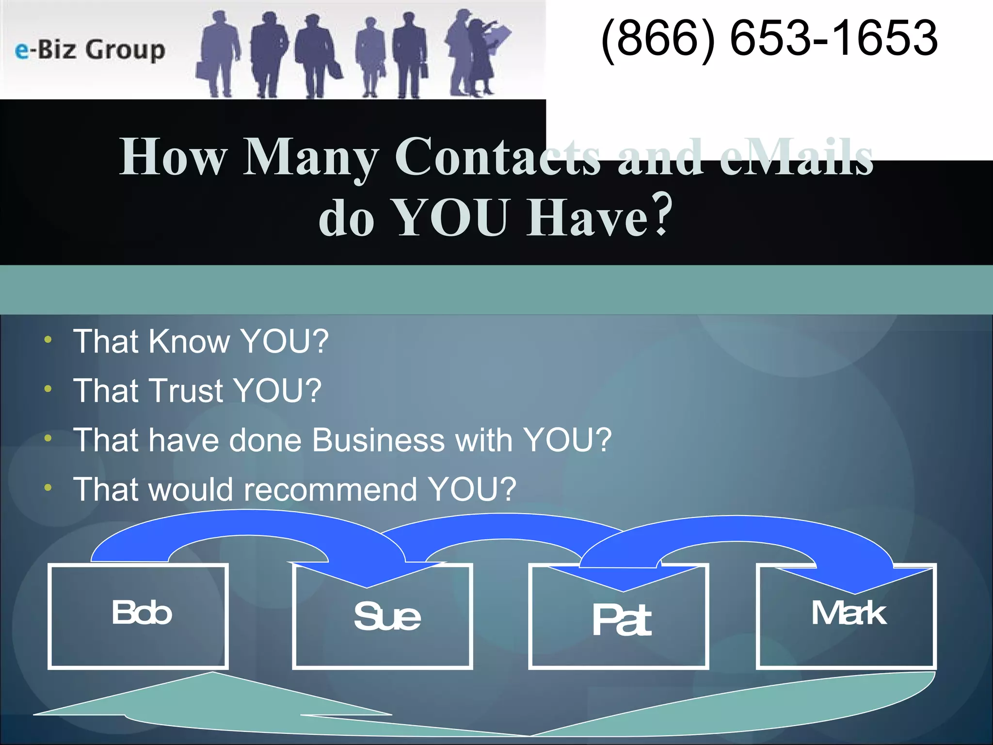 How Many Contacts and eMails do YOU Have? That Know YOU? That Trust YOU? That have done Business with YOU? That would recommend YOU? Bob Sue Pat Mark 