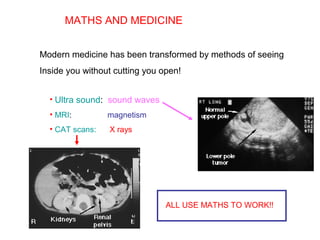 MATHS AND MEDICINE
Modern medicine has been transformed by methods of seeing
Inside you without cutting you open!
• Ultra sound: sound waves
• MRI: magnetism
• CAT scans: X rays
ALL USE MATHS TO WORK!!
 