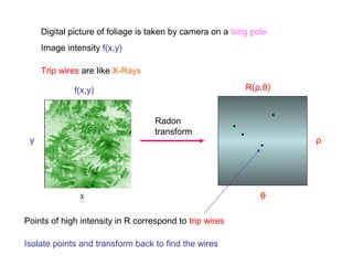 Digital picture of foliage is taken by camera on a long pole
Image intensity f(x,y)
•
•
•
•
Trip wires are like X-Rays
Radon
transform
x
y
f(x,y) R(ρ,θ)
Points of high intensity in R correspond to trip wires
θ
ρ
Isolate points and transform back to find the wires
 