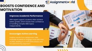 Improves Academic Performance
With expert support, students often achieve
better grades, which boosts their confidence
in handling complex MBA topics
independently.
BOOSTS CONFIDENCE AND
MOTIVATION
Encourages Active Learning
Positive results from assignment help
motivate students to engage more with their
studies, leading to a more enthusiastic and
focused learning approach.
 