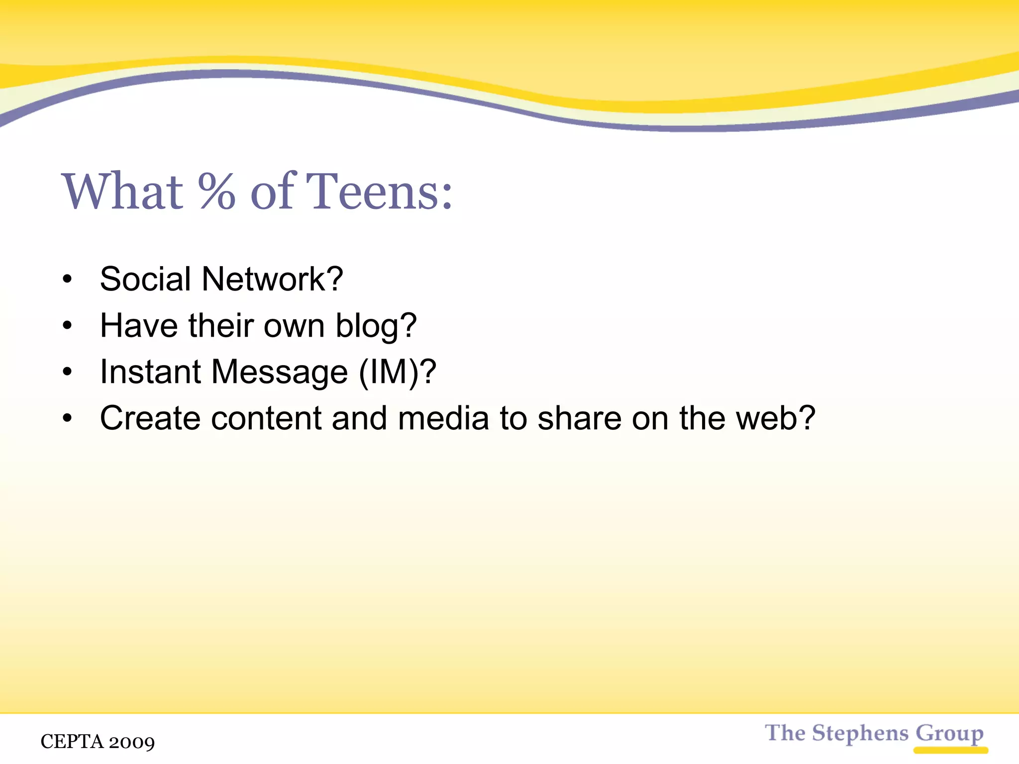 What % of Teens: Social Network? Have their own blog? Instant Message (IM)? Create content and media to share on the web? CETPA 2009 