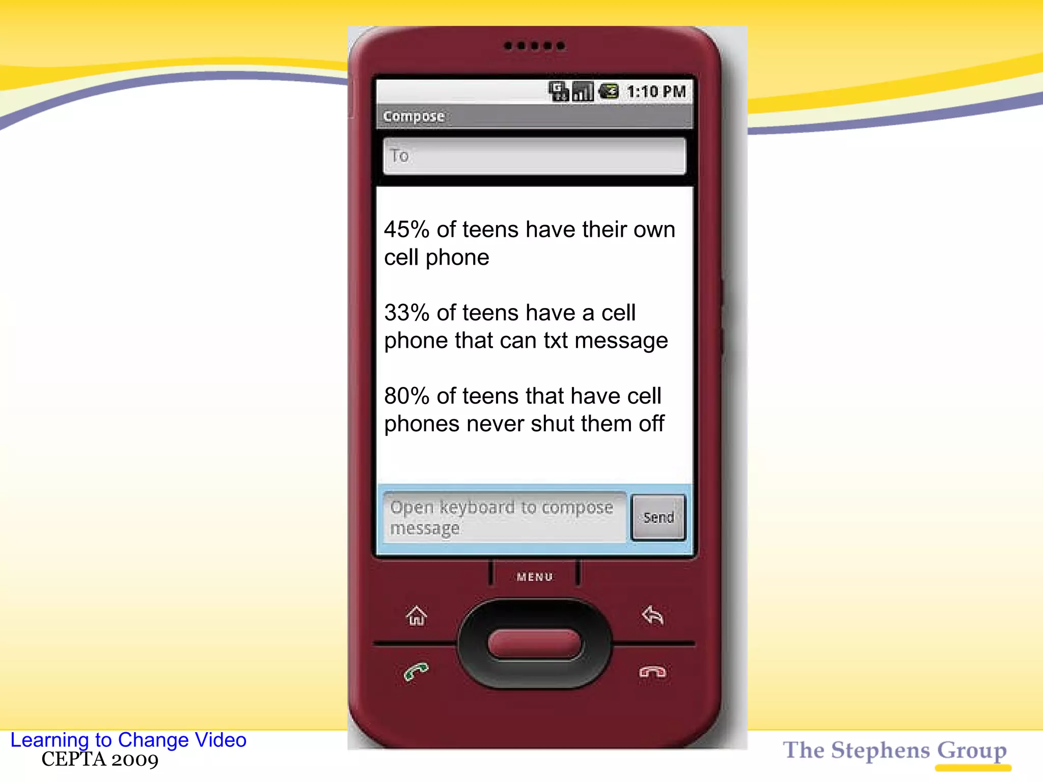45% of teens have their own cell phone 33% of teens have a cell phone that can txt message 80% of teens that have cell phones never shut them off CETPA 2009 