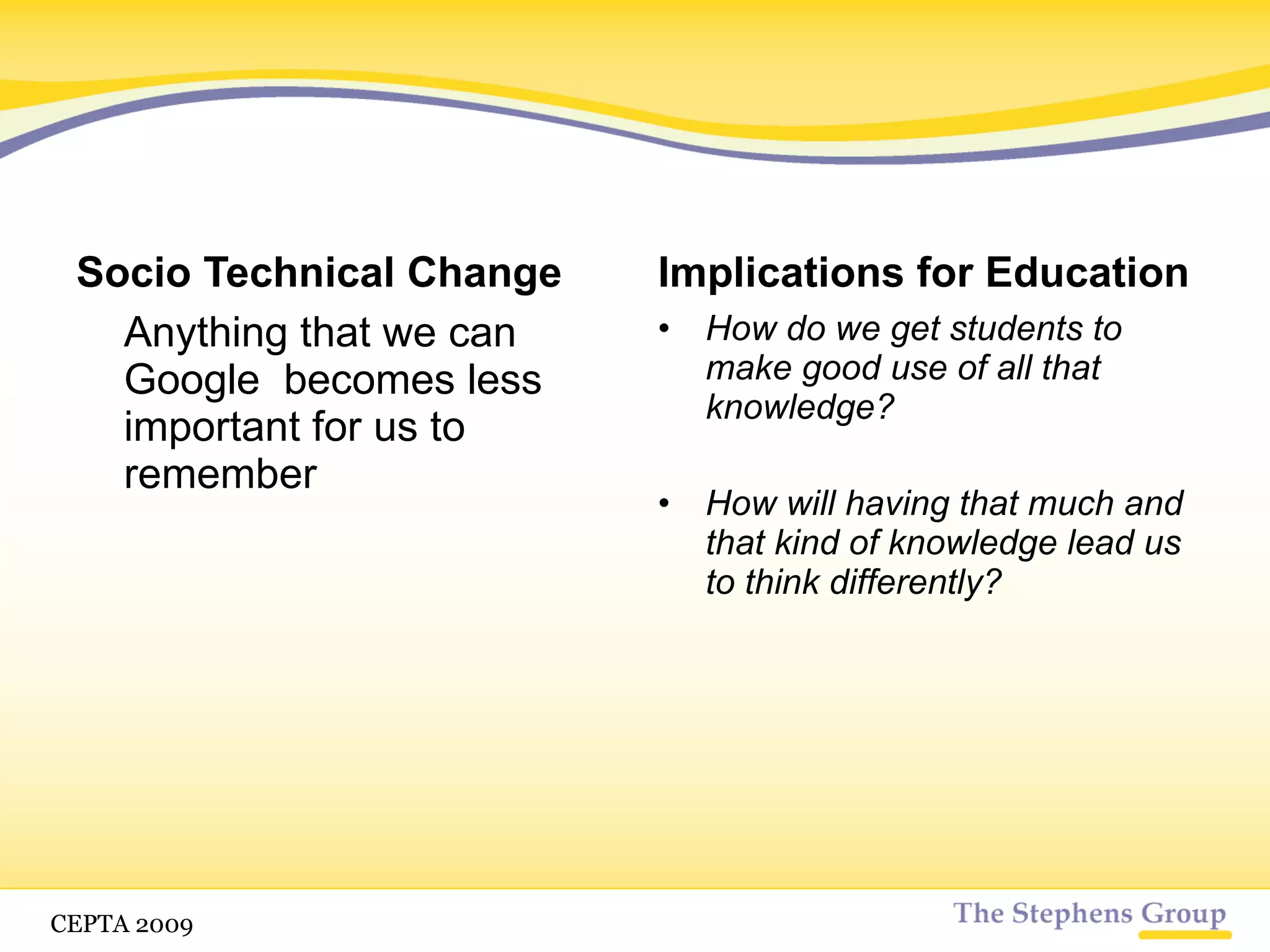 Socio Technical Change Anything that we can Google  becomes less important for us to remember Implications for Education How do we get students to make good use of all that knowledge? How will having that much and that kind of knowledge lead us to think differently? CETPA 2009 