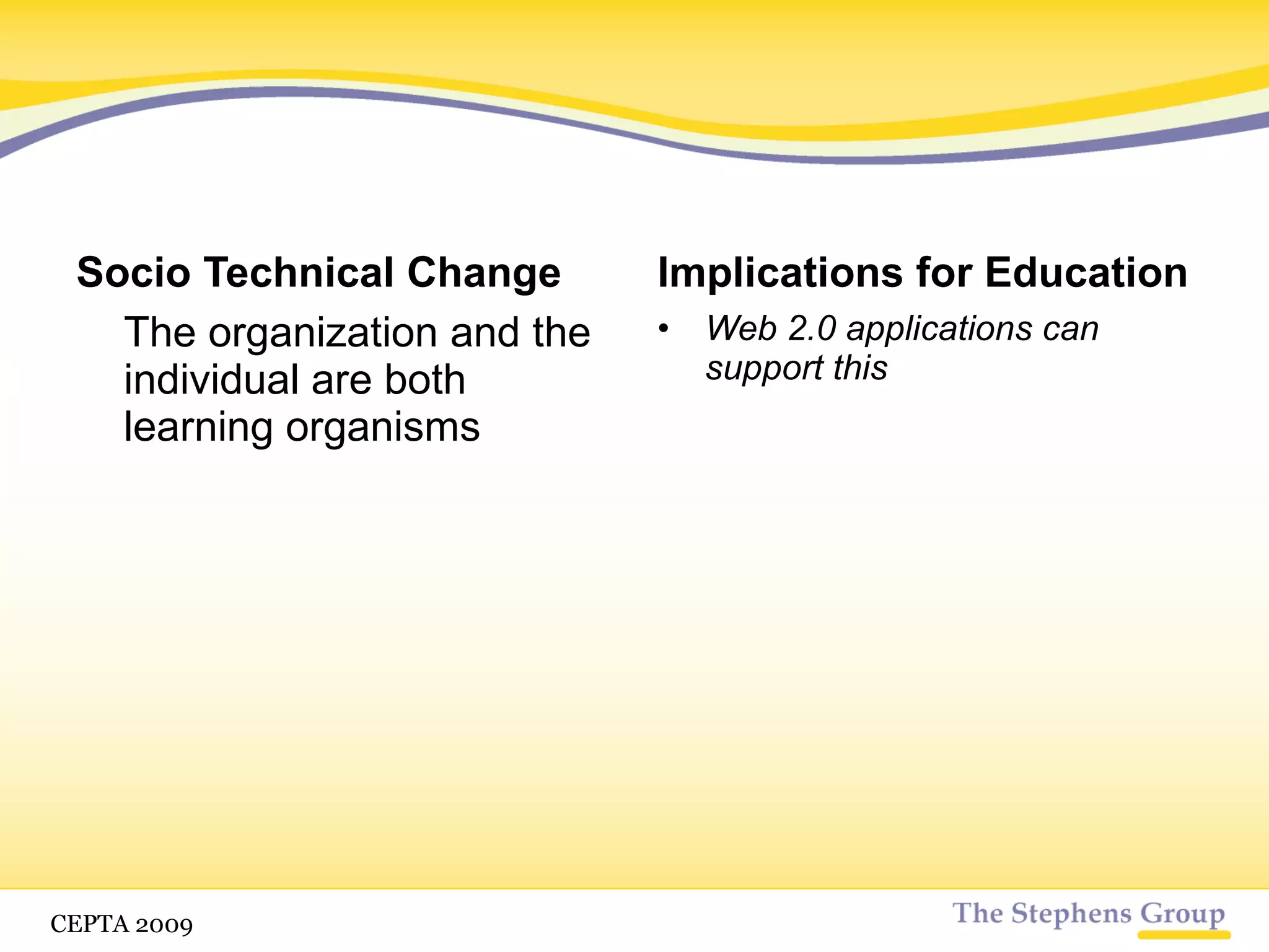 Socio Technical Change Internet is creating new models of participation and sharing Implications for Education Challenges the design of learning environments CETPA 2009 