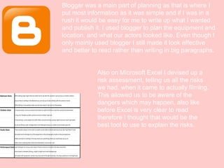 Blogger was a main part of planning as that is where I
put most information as it was simple and if I was in a
rush it would be easy for me to write up what I wanted
and publish it. I used blogger to plan the equipment and
location, and what our actors looked like. Even though I
only mainly used blogger I still made it look effective
and better to read rather than writing in big paragraphs.
Also on Microsoft Excel I devised up a
risk assessment, telling us all the risks
we had. when it came to actually filming.
This allowed us to be aware of the
dangers which may happen, also like
before Excel is very clear to read
therefore I thought that would be the
best tool to use to explain the risks.

 