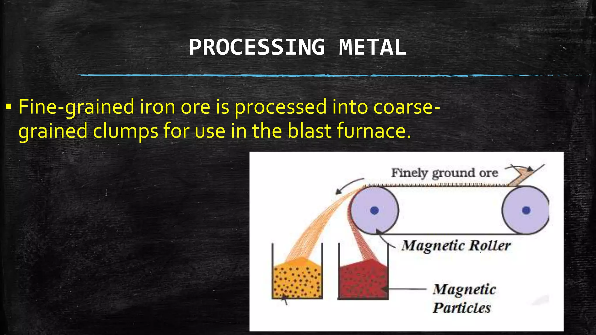 PROCESSING METAL
▪ Fine-grained iron ore is processed into coarse-
grained clumps for use in the blast furnace.
 